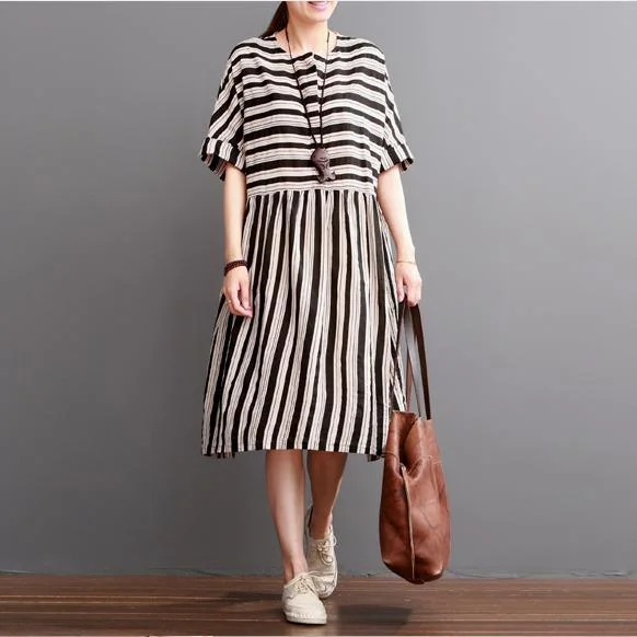 Black Striped Summer Dresses Plus Size Linen Sundress Short Sleeve Cotton Maxi Dress Classic Strapless Maxi Dress