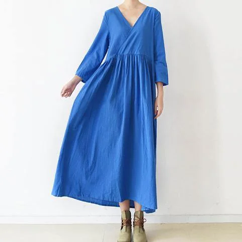 2021 blue v neck linen dresses plus size casual sundress long sleeve maxi dress Elegant Lace Maxi Dress