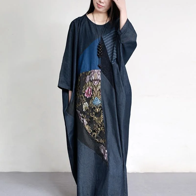 2022 original embroidery denim blue cotton dresses plus size patchwork batwing sleeve maxi dress Stylish Pleated A-Line Maxi Dress