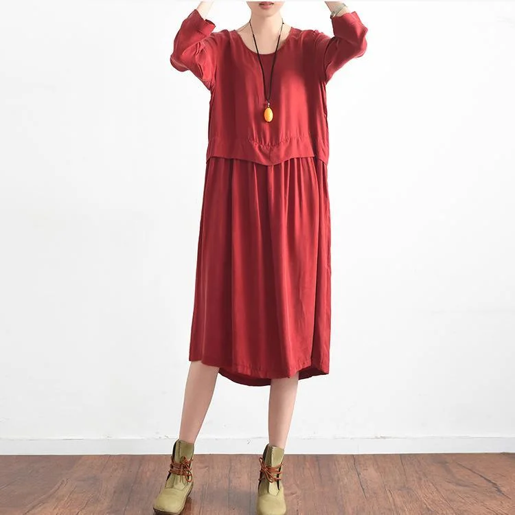 2017 red casual silk sundress oversize large hem summer dress long sleeve maxi dress Elegant Silk Maxi Dress