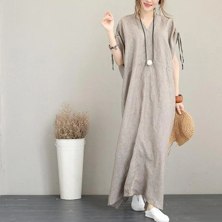 2022 Gray Natural Linen Dress Plus Size Clothing V-Neck Tie Waist Caftans Vintage Short Sleeve Side Open Maxi Dresses Comfortable Ruffle Maxi Dress