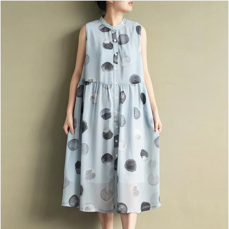 2021 New Blue Dotted Print Chiffon Sundress Plus Size Casual Shirts Dresses Sleeveless Maxi Dress Elegant Maxi Dress with Belt