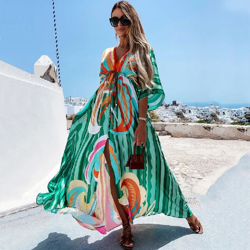 Abstract Print Belted Button Down V Neck Maxi Dress - Green Trendy Printed Maxi Dress