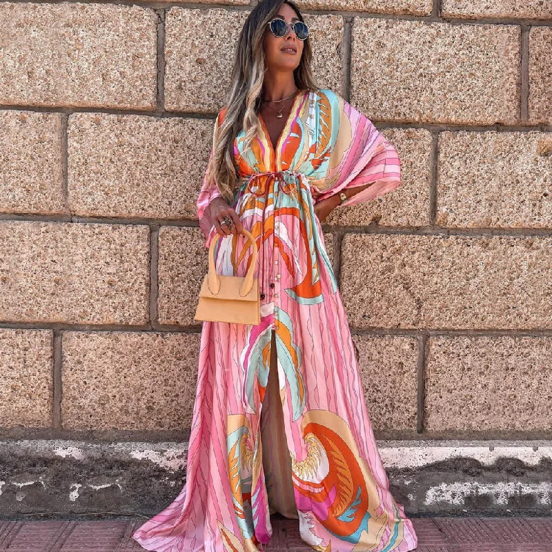 Abstract Print Belted Button Down V Neck Maxi Dress - Pink Classic Tulle Maxi Dress