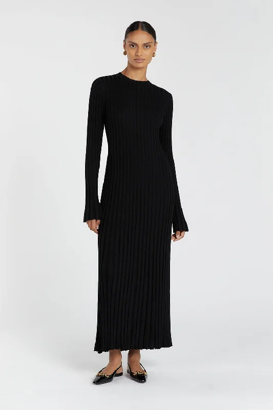 ADA BLACK LONG SLEEVE MIDI DRESS Trendy Off-Shoulder Button Midi Dress