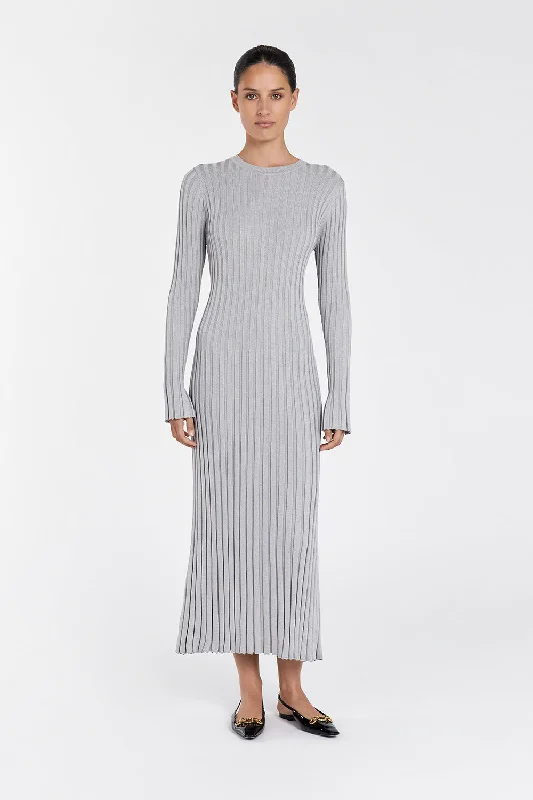 ADA SILVER LONG SLEEVE MIDI DRESS Comfortable Button Front Midi Dress