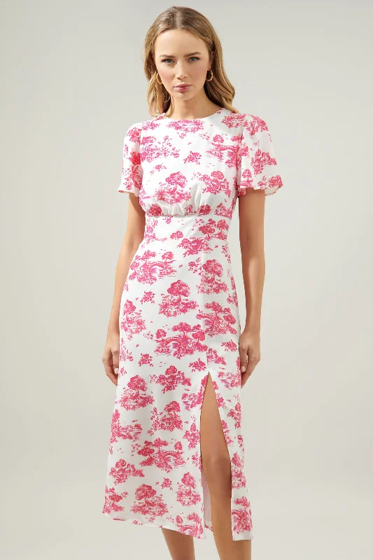 Ainsley Meadow Toile Bloom Midi Dress Elegant V-Neck Midi Dress