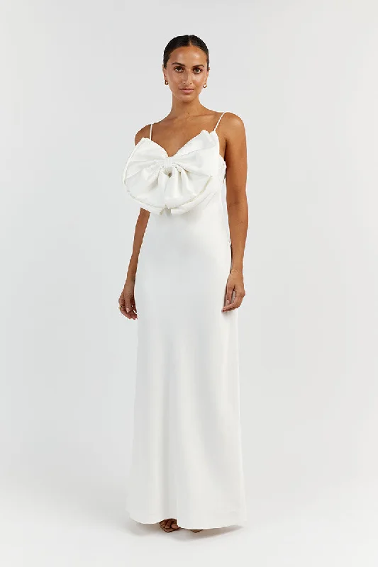 AISLE WHITE FRONT BOW MIDI DRESS Comfortable Ruched Midi Dress