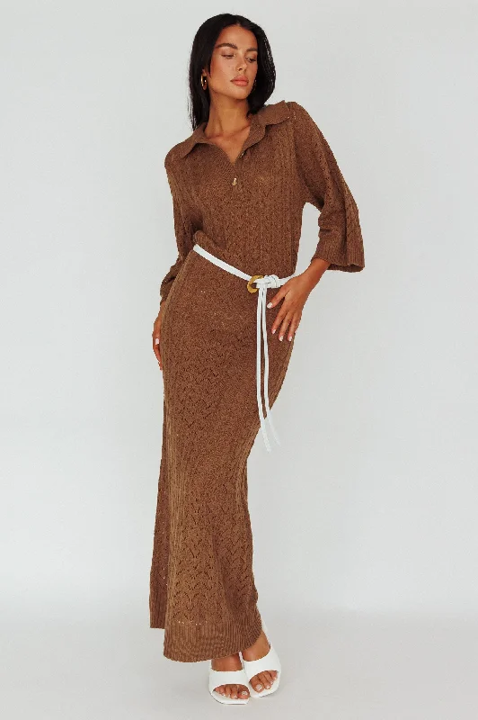 Alouette 3/4 Sleeve Crochet Midi Dress Cocoa Trendy Tiered Hem Midi Dress