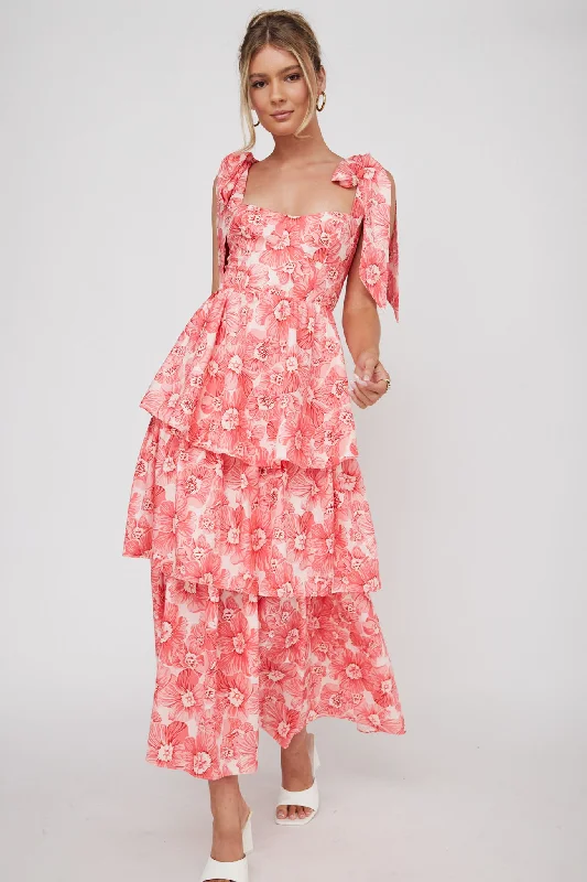 Arlowe Tied Shoulder Tiered Midi Dress Floral Pink Fashionable Wide Leg Midi Dress