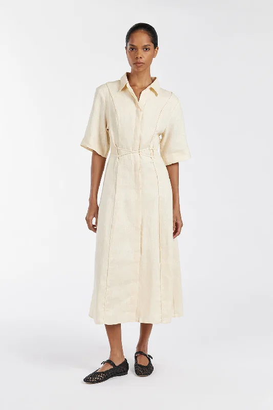 ASTRID LEMON LINEN MIDI DRESS Fashionable Sheer Sleeve Midi Dress