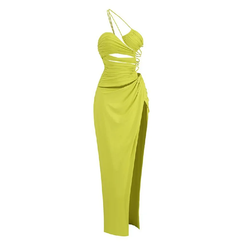 Asymmetrical One Shoulder Backless Ruched High Split Cutout Maxi Dress Stylish A-Line Maxi Dress