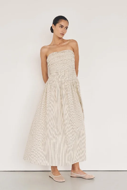 AYLA CREAM STRIPE MIDI DRESS Cozy Spaghetti Strap Midi Dress