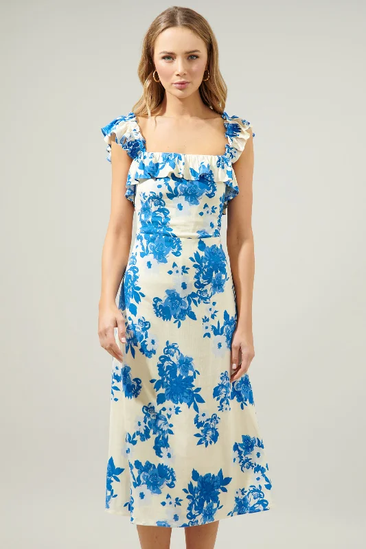 Azure Kona Floral Ruffle Trim Milo Midi Dress Chic Off-Shoulder Midi Dress