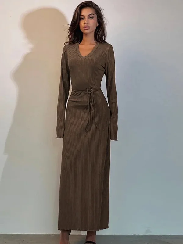 Bell Long Sleeve Ribbed Bodycon Maxi Dresses Cozy Wrap Maxi Dress