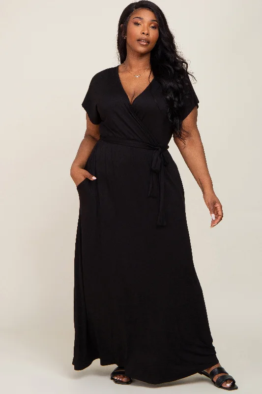 Black Basic Plus Wrap Maxi Dress Chic Off-Shoulder Maxi Dress