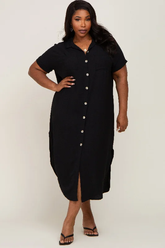 Black Button Down Hi Low Plus Maxi Dress Trendy Short Sleeve Maxi Dress