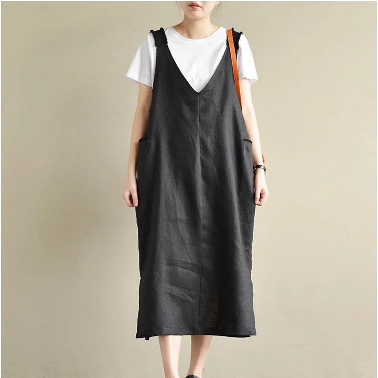 black casual linen dresses oversize stylish sundress sleeveless maxi dress Elegant Pleated Maxi Dress