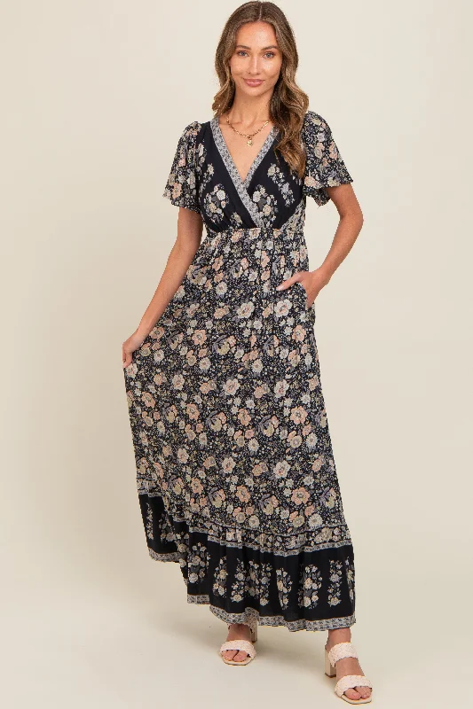 Black Floral Border Printed Woven Short Sleeve V-Neck Maxi Dress Elegant Silk Maxi Dress