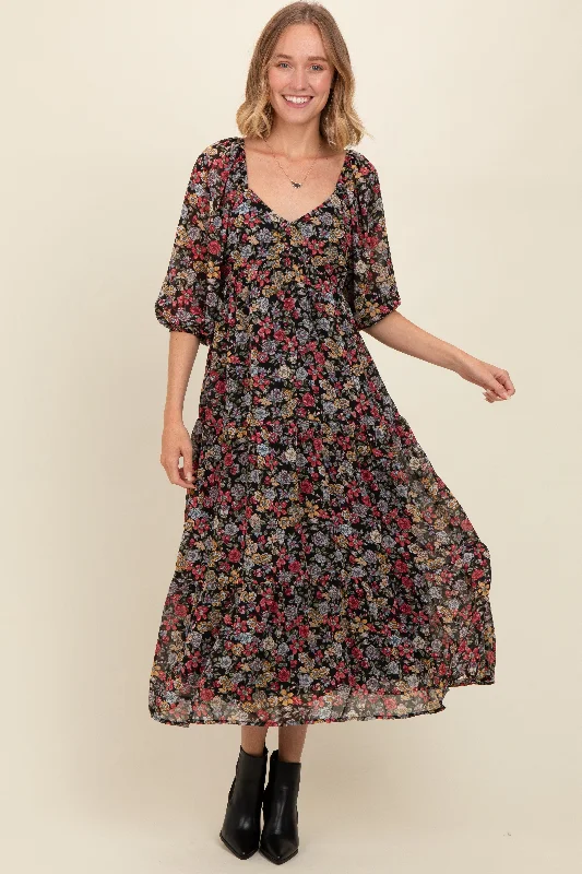 Black Floral Empire Waist Maxi Dress Comfortable Pleated Maxi Dress