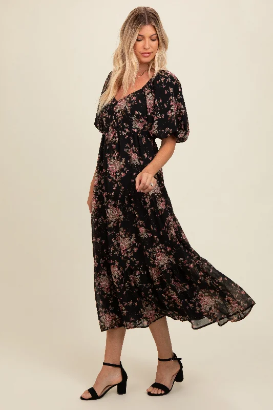 Black Floral Tiered Puff Sleeve Maxi Dress Fashionable Halter Neck Maxi Dress