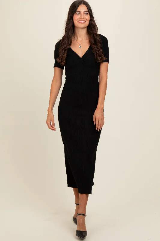 Black Knit Twisted V-Neck Maxi Dress Chic Off-Shoulder Maxi Dress