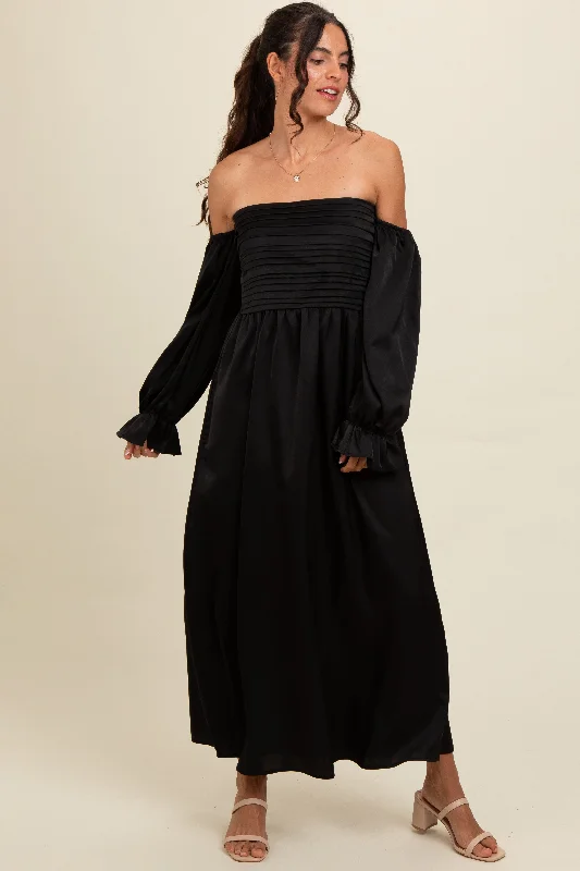 Black Off Shoulder Satin Pleated Bodice Maxi Dress Chic Summer Maxi Dress