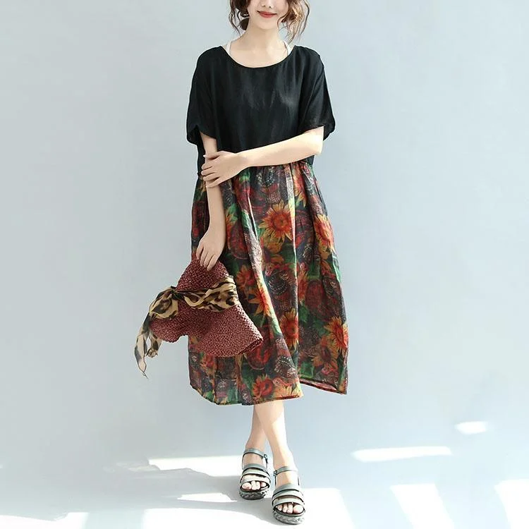 Black Patchwork Print Linen Dresses Oversize Casual Sundress Short Sleeve Maxi Dress Elegant Maxi Dress with Lace