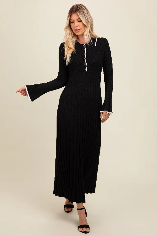 Black Ribbed Knit Collared Button Up Maxi Dress Comfortable Flowy Maxi Dress