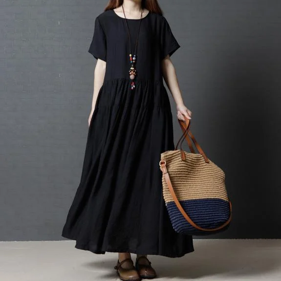 black solid vintage cotton dresses plus size silk sundress large hem short sleeve maxi dress Stylish A-Line Maxi Dress