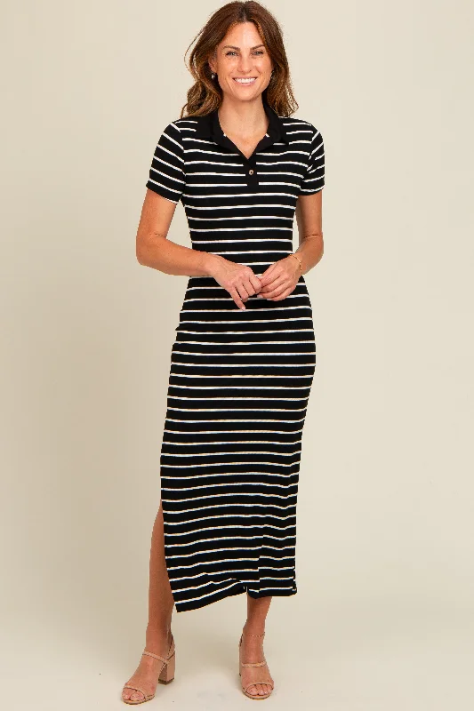 Black Striped Collared Side Slit Maxi Dress Classic A-Line Maxi Dress