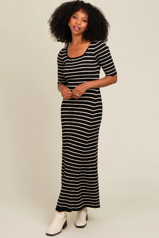 Black Striped Ribbed Short Sleeve Maxi Dress Fashionable Maxi Dress with Fringe