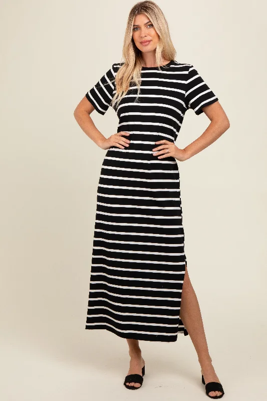 Black Striped Side Slit Maxi Dress Comfortable Bohemian Maxi Dress