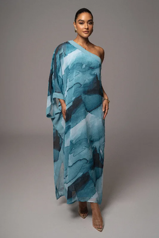 Blue Abstract Mariel One Shoulder Maxi Dress Chic Button-Up Maxi Dress