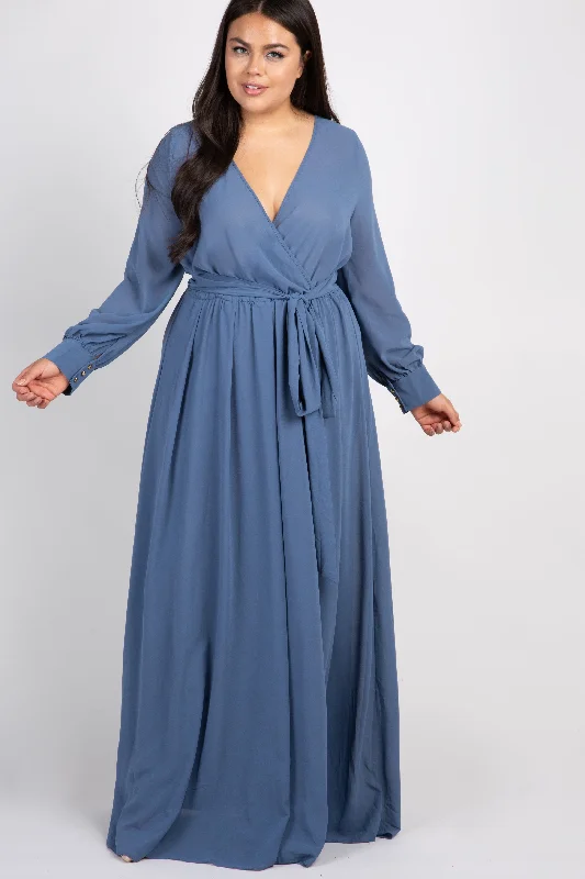 Blue Chiffon Long Sleeve Pleated Plus Maxi Dress Elegant Tiered Maxi Dress