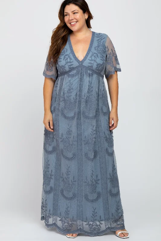 Blue Lace Mesh Overlay Plus Maxi Dress Stylish Off-Shoulder Maxi Dress