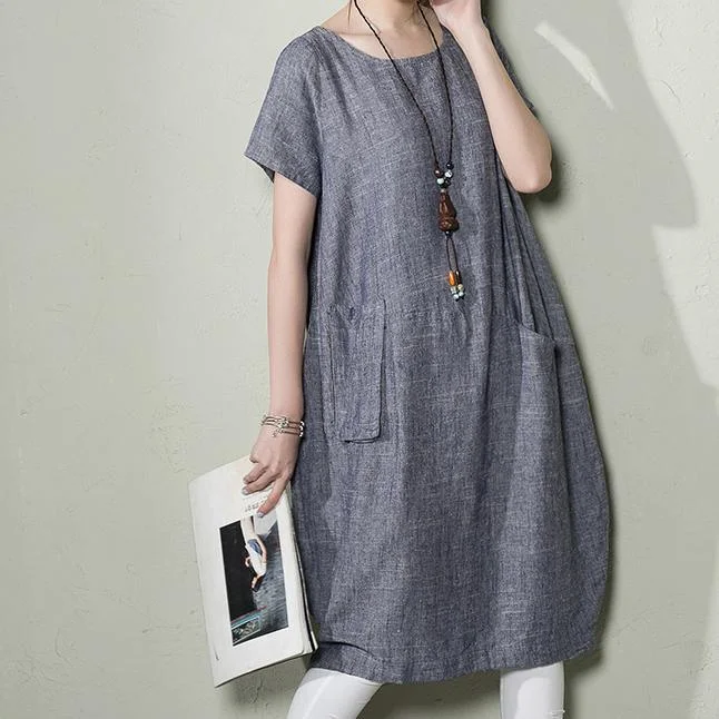 Blue Linen Shift Dress Summer Maxi Dresses Plus Size Linen Clothing ( Limited Stock) Fashionable Button-Down Maxi Dress