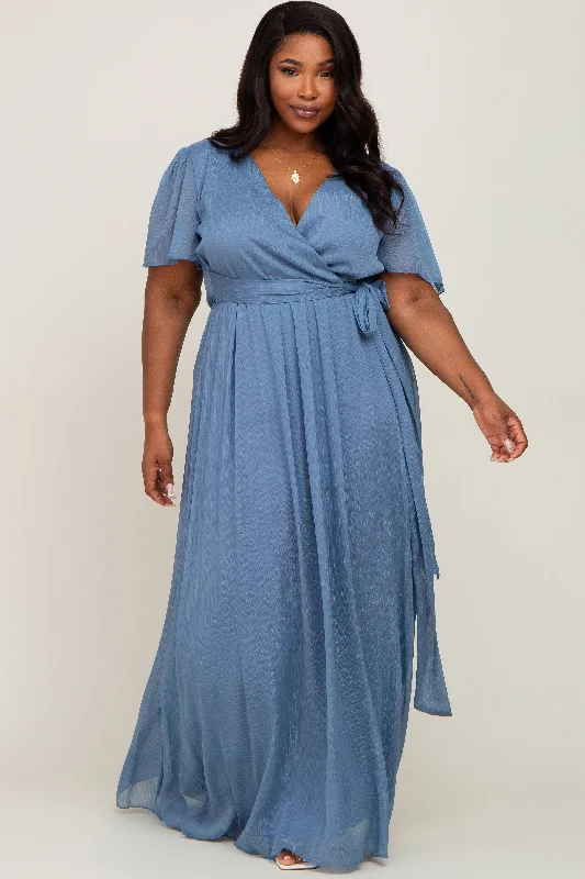 Blue Metallic Shimmer Chiffon Plus Maxi Dress Cozy Ruffle Sleeve Maxi Dress