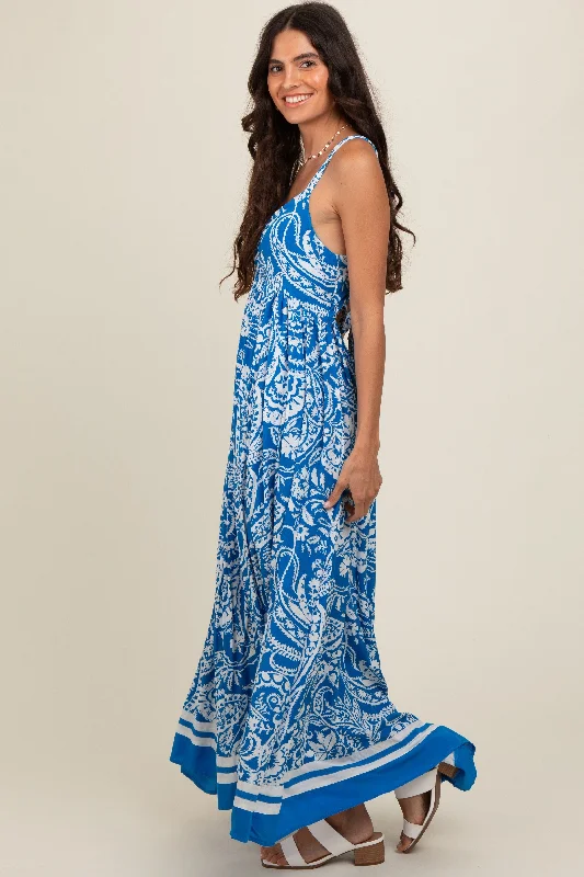 Blue Paisley Cutout Back Maxi Dress Cozy Knitted Maxi Dress