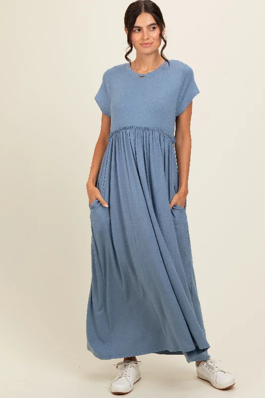 Blue Ruffle Trim Maxi Dress Trendy Fit-and-Flare Maxi Dress