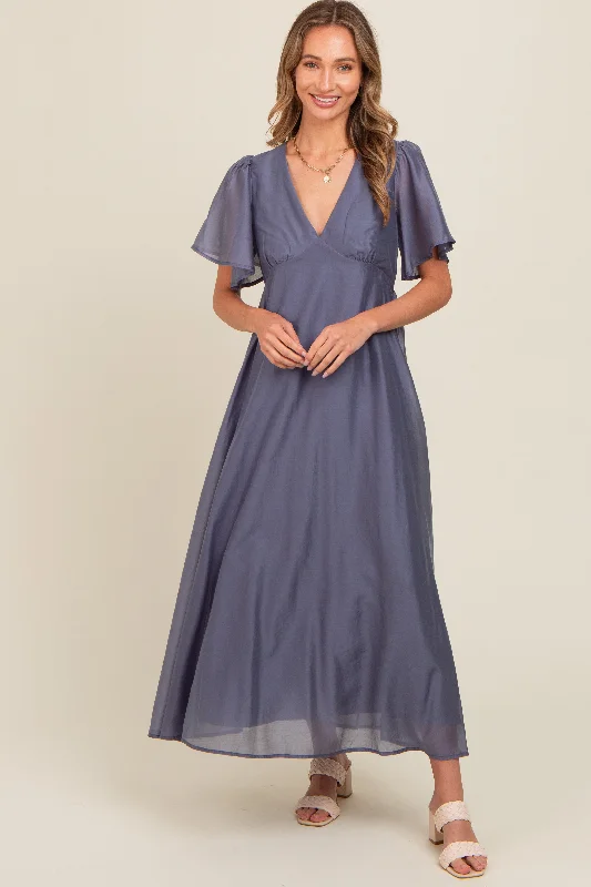 Blue V-Neck Flutter Sleeve Maxi Dress Classic V-Neck Maxi Dress