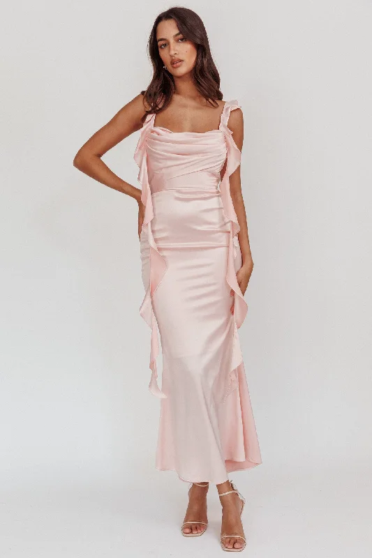 Blushing Ruffle Trim Midi Dress Baby Pink Comfortable Ribbed Midi Dress