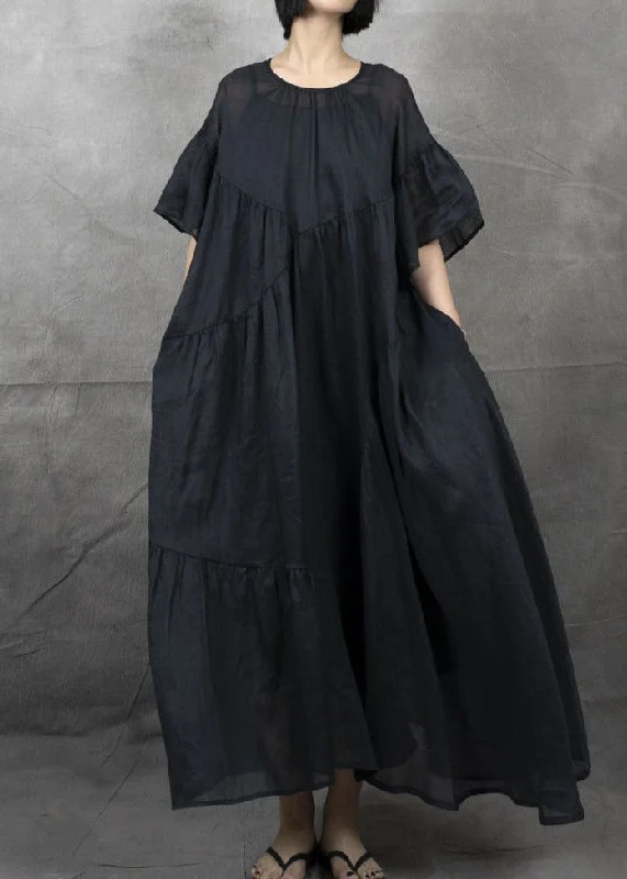 Bohemian Black Wrinkled Patchwork Maxi Dress Short Sleeve GH1043 Comfortable Maxi Dress with Slits