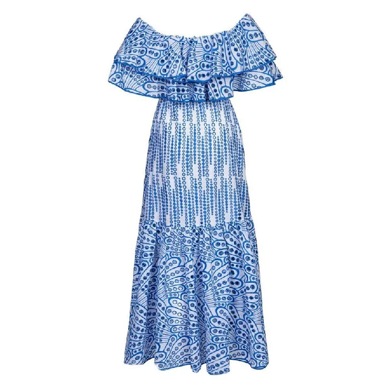 Boho Broderie Anglaise Off the Shoulder Shirred Ruffled Tiered Maxi Dress Trendy A-Line Maxi Dress