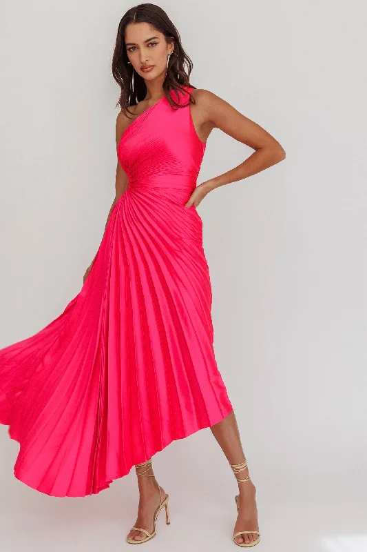 Brooklynn One-Shoulder Accordion Pleat Satin Midi Dress Fuchsia Elegant Satin Midi Dress