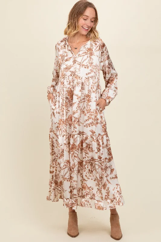 Brown Floral Tassel Tie Front Maxi Dress Fashionable High-Waist Maxi Dress