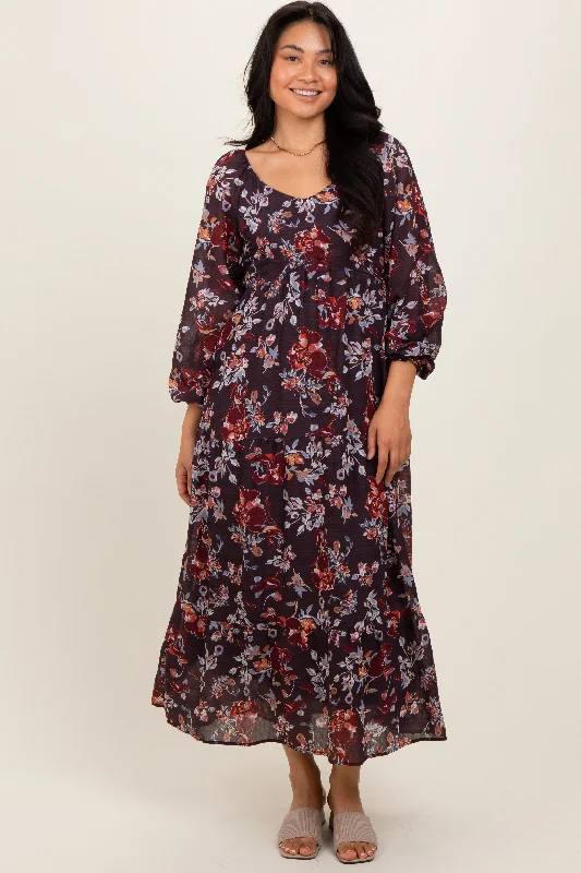 Brown Floral V-Neck Bubble Sleeve Maxi Dress Fashionable Printed Maxi Dress