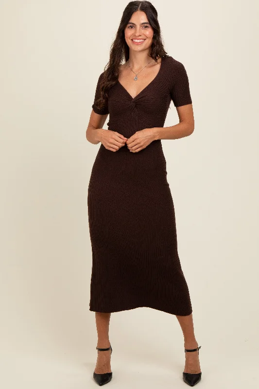 Brown Knit Twisted V-Neck Maxi Dress Trendy Satin Maxi Dress