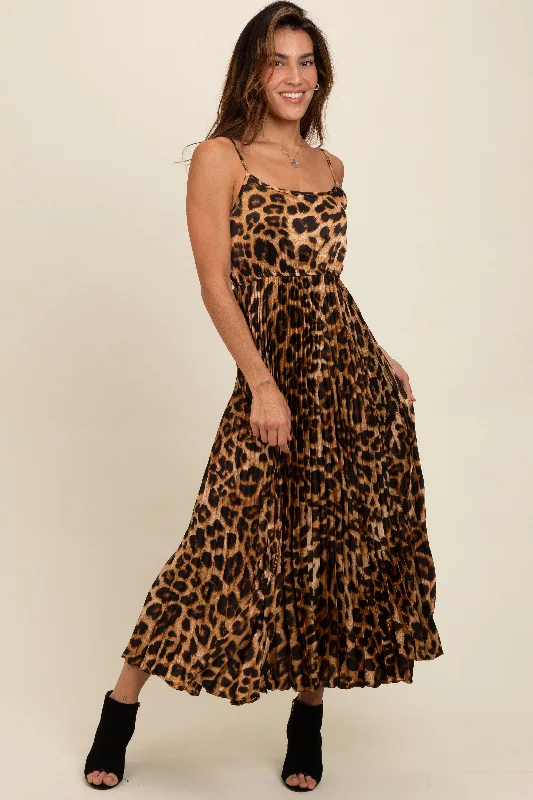 Brown Leopard Print Pleated Maxi Dress Elegant Floral Maxi Dress