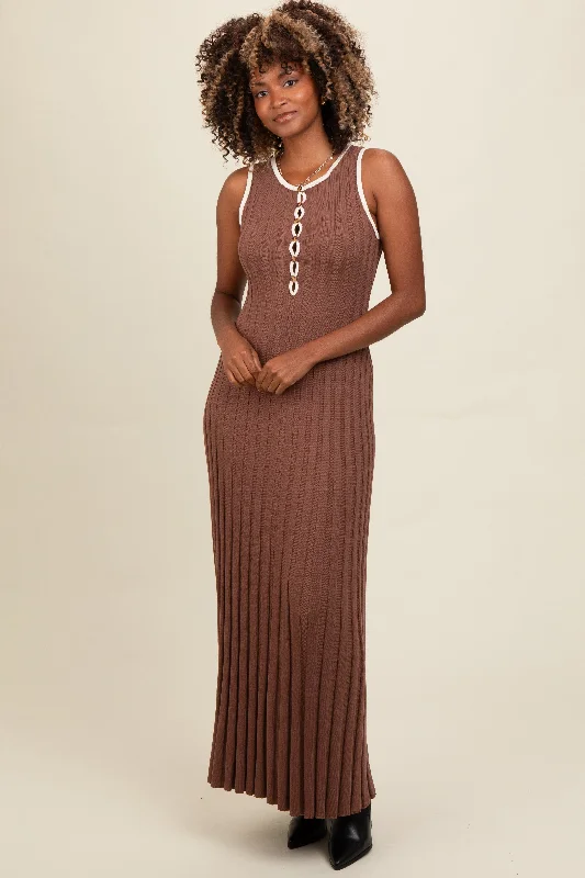 Brown Ribbed Knit Button Detail Sleeveless Maxi Dress Stylish One-Shoulder Maxi Dress